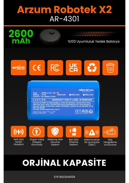 Arzum Robotek X2 AR-4301 2600MAH Robot Süpürge Bataryası - Koruma Katmanlı Batarya Teknolojisi