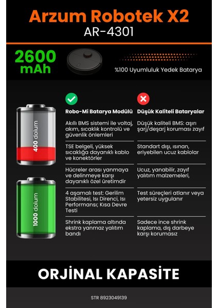 Arzum Robotek X2 AR-4301 2600MAH Robot Süpürge Bataryası - Koruma Katmanlı Batarya Teknolojisi