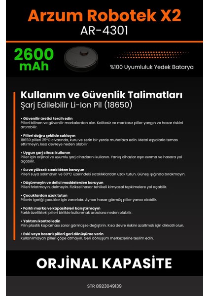 Arzum Robotek X2 AR-4301 2600MAH Robot Süpürge Bataryası - Koruma Katmanlı Batarya Teknolojisi