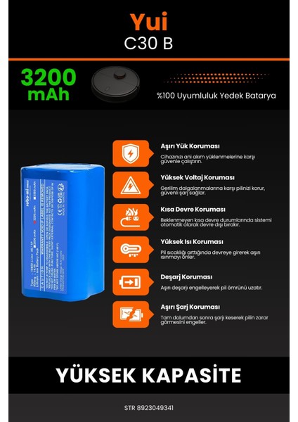 Yui C30B 3200mAh Robot Süpürge Bataryası - Yüksek Yoğunluklu Li-ion Hücre indirimleri