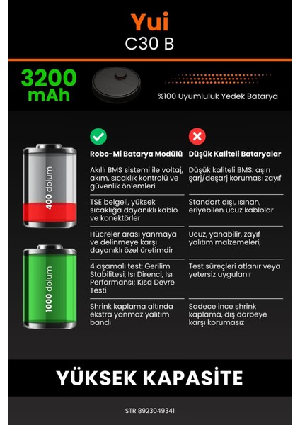 Yui C30B 3200mAh Robot Süpürge Bataryası - Yüksek Yoğunluklu Li-ion Hücre