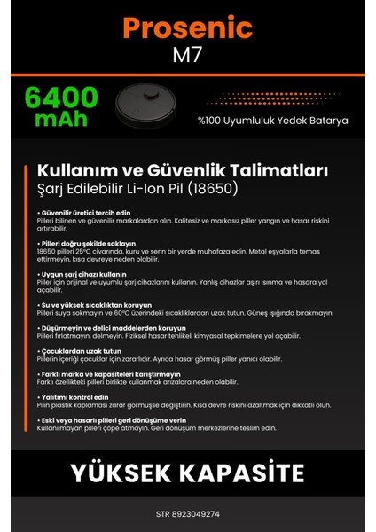 Proscenic M7 6400mAh Robot Süpürge Bataryası - Yüksek Yoğunluklu Li-ion Hücre