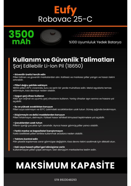 Eufy Robovac 25C 3500mAh Robot Süpürge Bataryası - Sertifikalı Güvenlik, Gerçek Kapasite