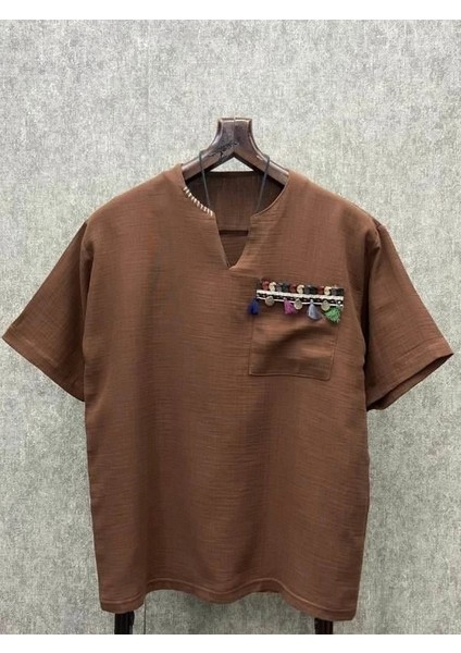 Oversize Otantik Cep Detaylı Pamuk Keten Kahverengi Tshirt