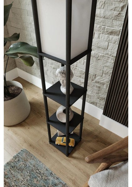 Moss Siyah Dekoratif Raflı Modern Sehpalı Lambader