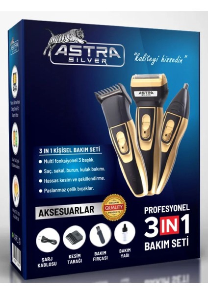Astra Profesyonel Multi Foksiyonel Üç Başlıklı Tıraş Makinesi Bakım Seti 3 In1 Garantili Gümüş