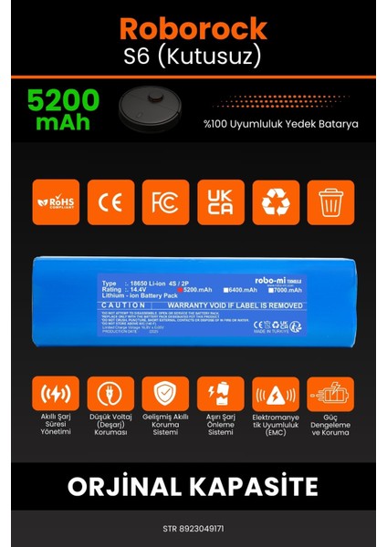 Roborock S6 (Kutusuz) 5200MAH Robot Süpürge Bataryası - Koruma Katmanlı Batarya Teknolojisi