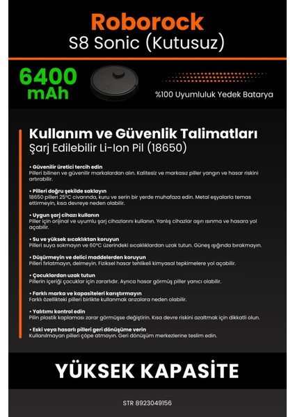 Roborock S8 Sonic 6400mAh Robot Süpürge Bataryası - Yüksek Yoğunluklu Li-ion Hücre