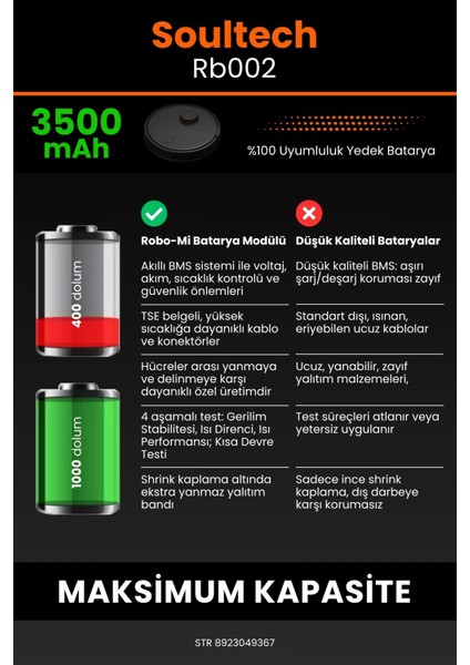 Soultech RB002 3500mAh Robot Süpürge Bataryası - Yüksek Yoğunluklu Li-ion Hücre