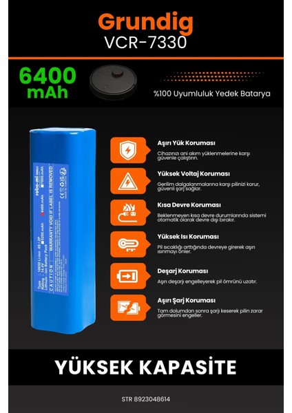 Grundig VCR-7330 6400MAH Robot Süpürge Bataryası - Yüksek Yoğunluklu Li-Ion Hücre