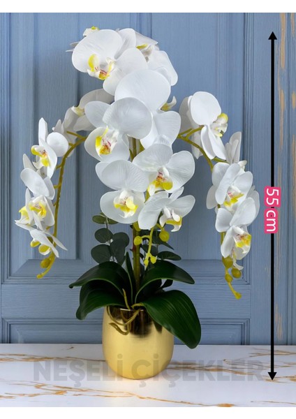Yapay Çiçek Beyaz Islak Orkide 3 Dallı Lüks Gold Metal Saksıda 55 cm Dekoratif Hediye Çiçek modelleri