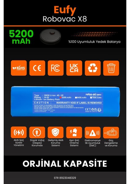 Eufy Robovac X8 5200mAh Robot Süpürge Bataryası - Sertifikalı Güvenlik, Gerçek Kapasite modelleri