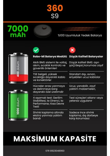 360 S9 7000mAh Robot Süpürge Bataryası - Koruma Katmanlı Batarya Teknolojisi