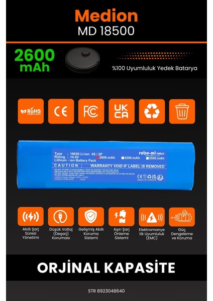 Medion MD 18500 2600mAh Robot Süpürge Bataryası - Koruma Katmanlı Batarya Teknolojisi modelleri