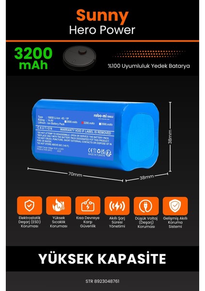 Sunny Hero Power 3200MAH Robot Süpürge Bataryası - Yüksek Yoğunluklu Li-Ion Hücre