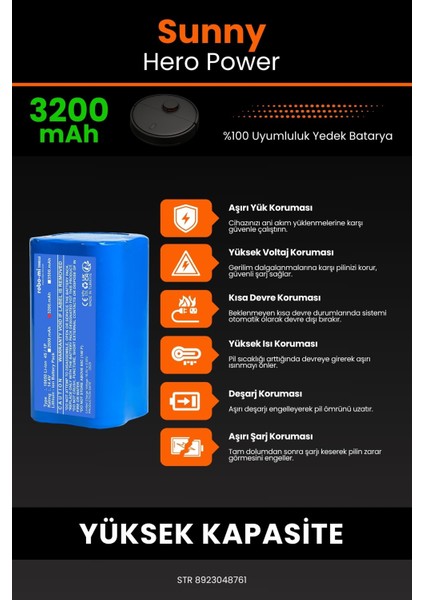 Sunny Hero Power 3200MAH Robot Süpürge Bataryası - Yüksek Yoğunluklu Li-Ion Hücre