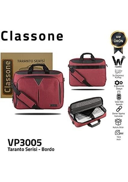 Taranto VP3005 15.6,inch, Su Geçirmez Kumaş, Laptop,notebook El Çantası-Bordo