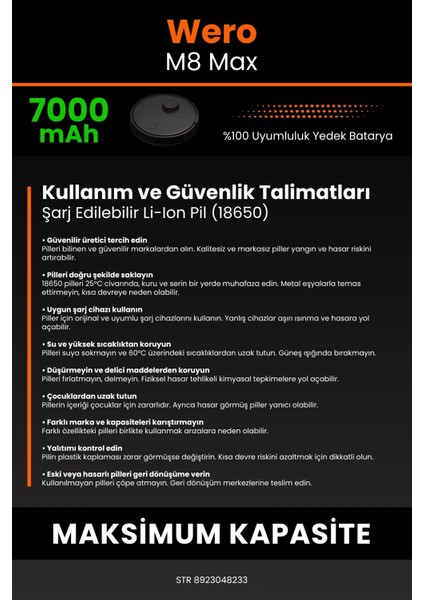 Wero M8 Max 7000mAh Robot Süpürge Bataryası - Sertifikalı Güvenlik, Gerçek Kapasite