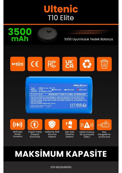 Ultenic T10 Elite 3500MAH Robot Süpürge Bataryası - Yüksek Yoğunluklu Li-Ion Hücre