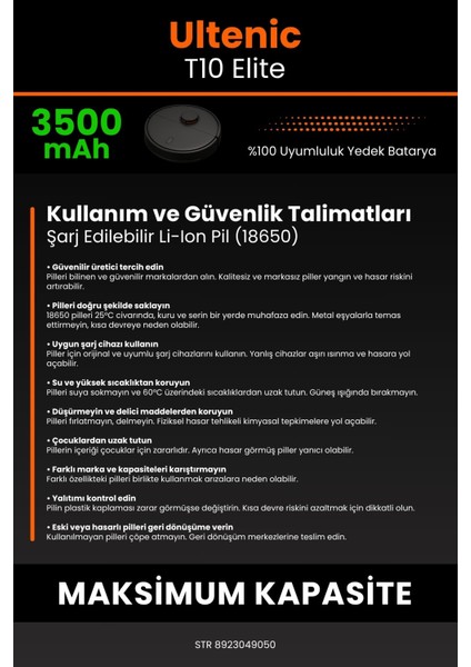 Ultenic T10 Elite 3500MAH Robot Süpürge Bataryası - Yüksek Yoğunluklu Li-Ion Hücre