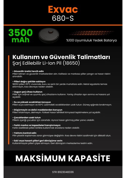 Mamibot Exvac 680S 3500mAh Robot Süpürge Bataryası - Sertifikalı Güvenlik, Gerçek Kapasite