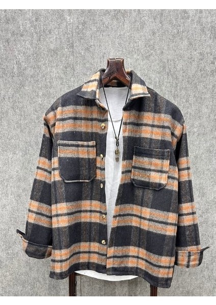 Oversize Desenli Pamuk Oduncu Çift Cepli Gömlek