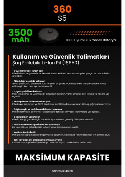 360 S5 3500mAh Robot Süpürge Bataryası - Sertifikalı Güvenlik, Gerçek Kapasite