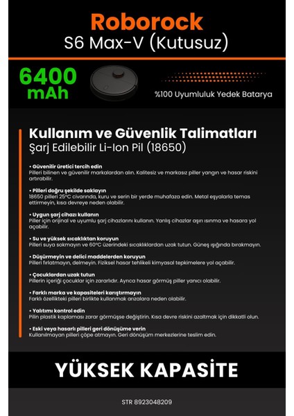Roborock S6 Max-V (Kutusuz) 6400MAH Robot Süpürge Bataryası - Koruma Katmanlı Batarya Teknolojisi