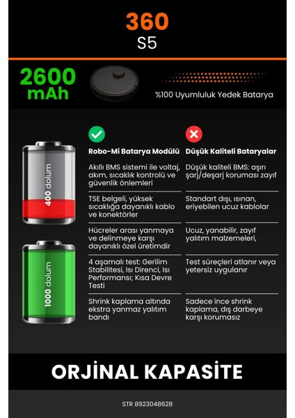 360 S5 2600mAh Robot Süpürge Bataryası - Koruma Katmanlı Batarya Teknolojisi