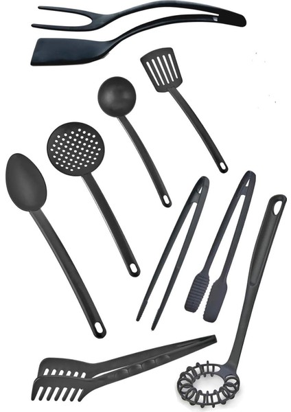 9 Parça Yanmaz Yapışmaz Teflon Kaplama Servis Seti Kepçe Kevgir Spatula Kaşık Plastik Servis Takımı