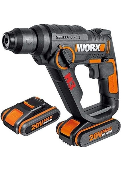WX390.1 20VOLT 2.0AH. Li-Ion 1.2j Profesyonel Sds-Plus Pnömatik Çift Akülü Şarjlı Matkap + 8 Adet Uç + Mandren