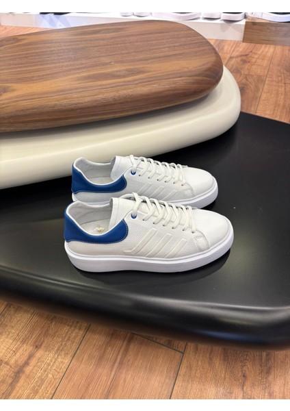 1011 Beyaz Laci Detay Hakiki Deri Erkek Sneakers - Erkek Spor Ayakkabı
