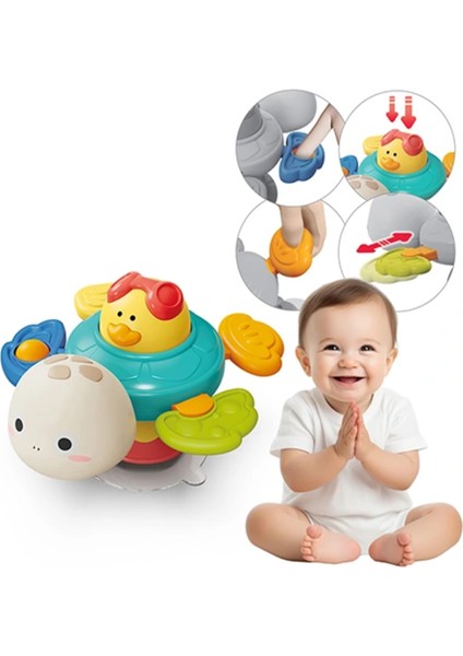 Vantuzlu Duyusal Oyuncak Çıngıraklı Diş Kaşıyıcı Mama Sandalyesi ve Banyo Oyuncağı Kaplumbağa