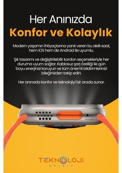 Watch 8 Ultra Akıllı Saat 45MM 1.99INC 3 Tuş Aktif Saatten Konuşma Türkçe Dil