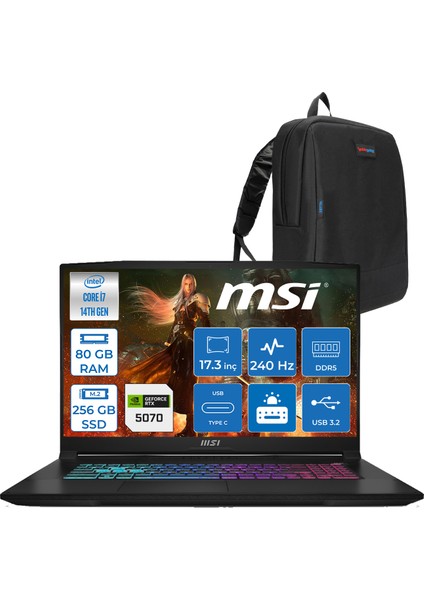 Msı Katana 17 Hx B14WFK-046XTR 14. Nesil Intel I7-14650HX 80GB Ddr5 256GB SSD 8GB/RTX5060 115W 17.3" Qhd (2560*1440), 240Hz IPS Freedos Gaming Bilg. W046XTRF21+ZETTAÇANTA