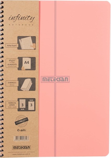 Infinity Pastel Serisi, A4, 6 Konulu (3 Kareli, 3 Çizgili) 180 Yaprak Pp Kapaklı Spiralli Defter, Pembe