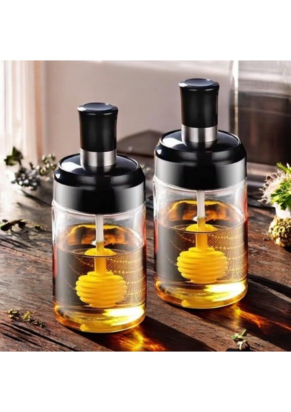 Bal Kavanozu Seti, 300 Ml, Siyah Kapaklı, Ballık 2'li