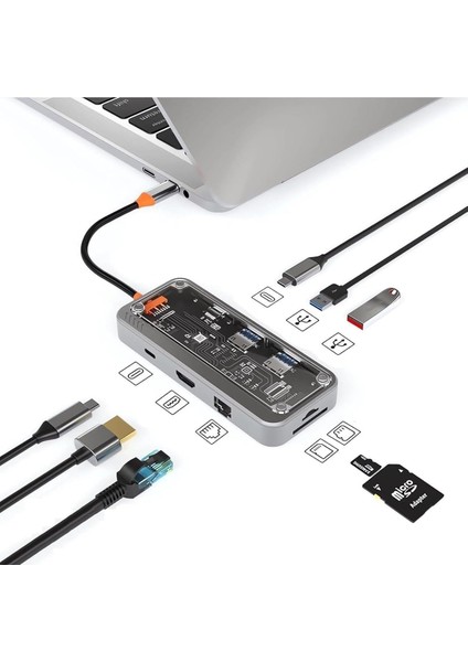 Hub Çok Fonksiyonlu, 8'li Bağlantı Noktası, Hdmı, USB 3.0, Sd Kart Okuyucu, Ethernet, Gümüş