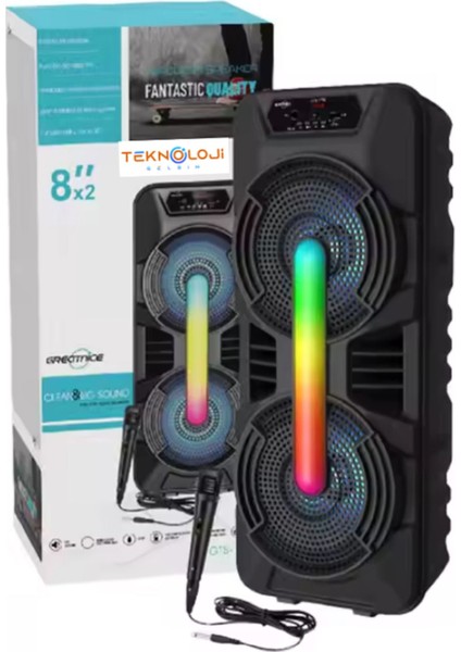GTS-1702 Taşınabilir Bluetooth Mikrofonlu Rgb Işıklı 8x2 Inç Hoparlör Fm Radyo USB Tf Kart