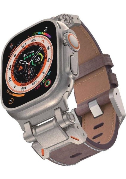 Apple Ile Uyumlu Watch 42MM KRD-114 Metal Başlıklı Suni Deri Kordon Koyu Kahve