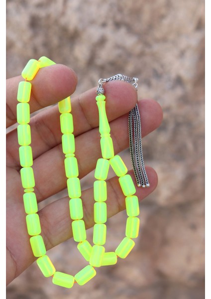 Neon Sarısı Opal Taşlı Kapsül Kesim Gümüş Püsküllü Doğal Taş Tesbih 201024168