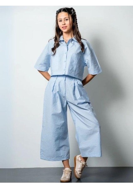 Kız Çocuk Crop Gömlek Poplin Pantolon Takım