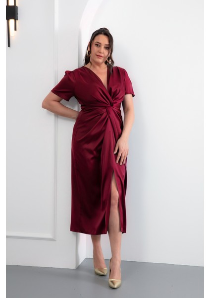 Kadın Bordo Düğüm Detaylı Büyük Beden Midi Saten Elbise modelleri