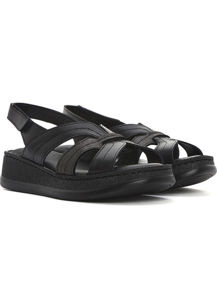 Kadın Siyah Kalın Tabanlı Deri Comfort Sandalet 25SFD321314 modelleri