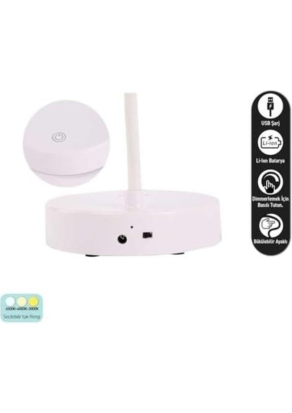 20 Led'li 2.5 Watt Şarjlı Esnek Masa Lambası, 3 Modlu Sarı-Beyaz-Gün Işığı, Dimmer Özelliği, Yatak Başucu ve Kitap Okuma Ders Çalışma Lambaları