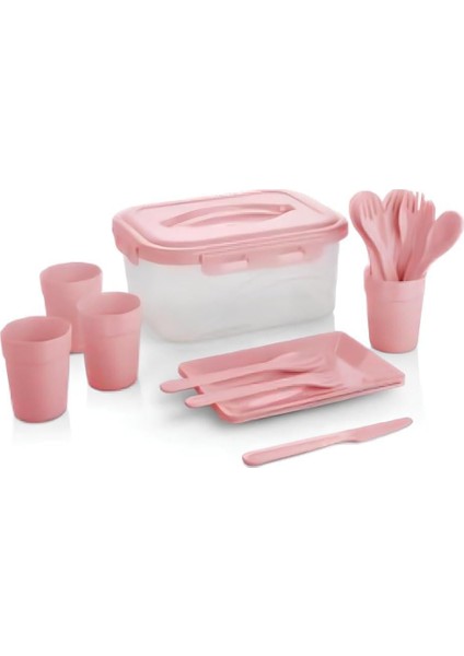 Parça Piknik Seti, 4 Kişilik, Tabak, Bardak, Çatal Kaşık Bıçak Takımı ve Saklama Kabı (Pembe)
