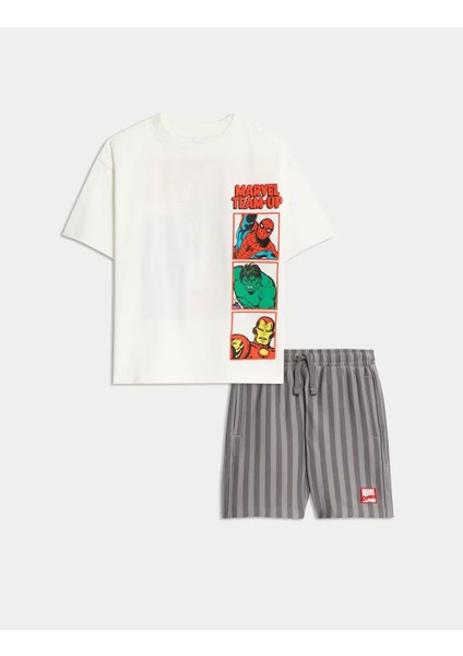 Erkek Çocuk Marvel Karakter Baskılı Beyaz T-Shirt ve Çizgili Şort Takım modelleri