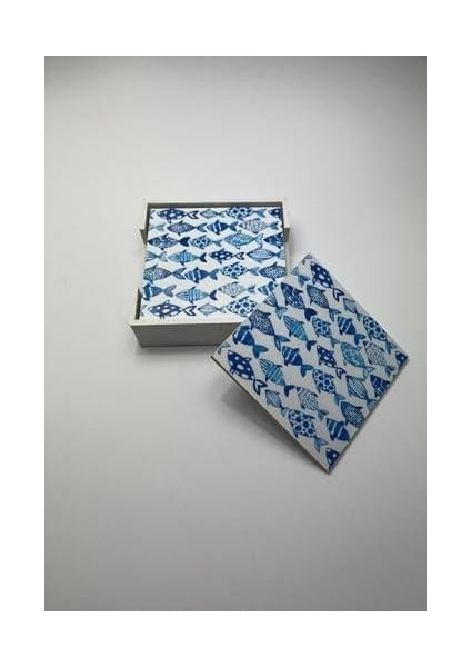Ahşap Bardak Altlığı Seti (Kutulu - Mavi Balık Desenli)
