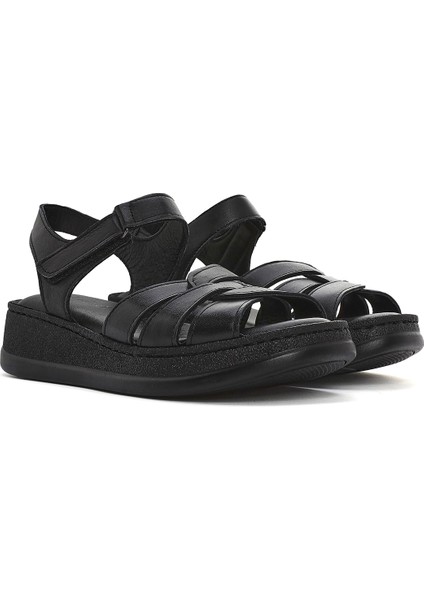 Kadın Siyah Bantlı Kalın Tabanlı Deri Comfort Sandalet 25SFD321418