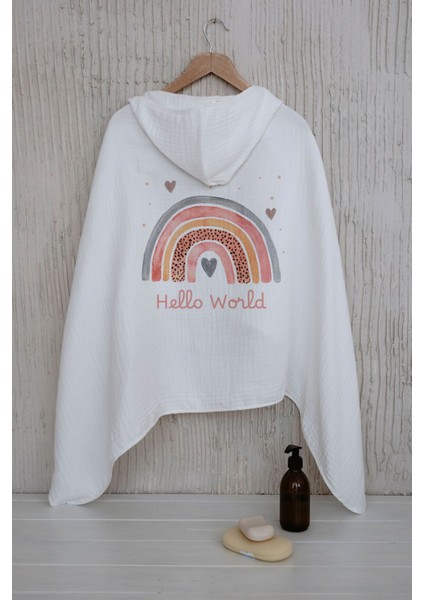 4 Kat Müslin Kapüşonlu Havlu - For Baby Serisi - Somon Gökkuşağı